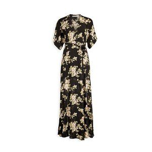 Reformation Winslow wrap maxi dress gown in black floral Arielle print, size XL